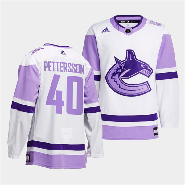  Men's Vancouver Canucks #40 Elias Pettersson 2021-22 White Purple Hockey Fights Cancer Primegreen Jersey 