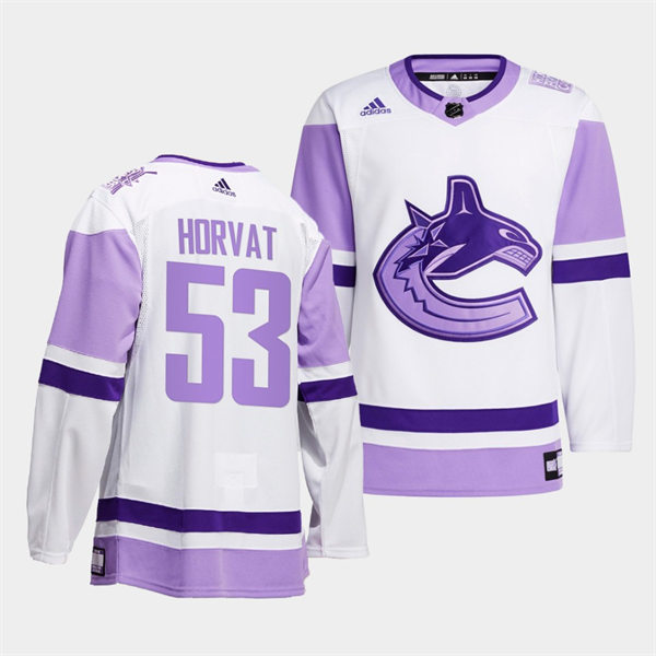  Men's Vancouver Canucks #53 Bo Horvat 2021-22 White Purple Hockey Fights Cancer Primegreen Jersey 