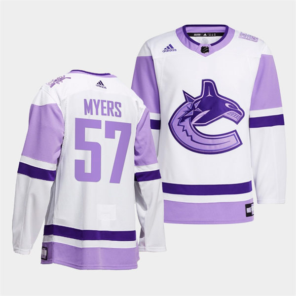  Men's Vancouver Canucks #57 Tyler Myers 2021-22 White Purple Hockey Fights Cancer Primegreen Jersey 