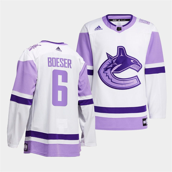  Men's Vancouver Canucks #6 Brock Boeser 2021-22 White Purple Hockey Fights Cancer Primegreen Jersey 