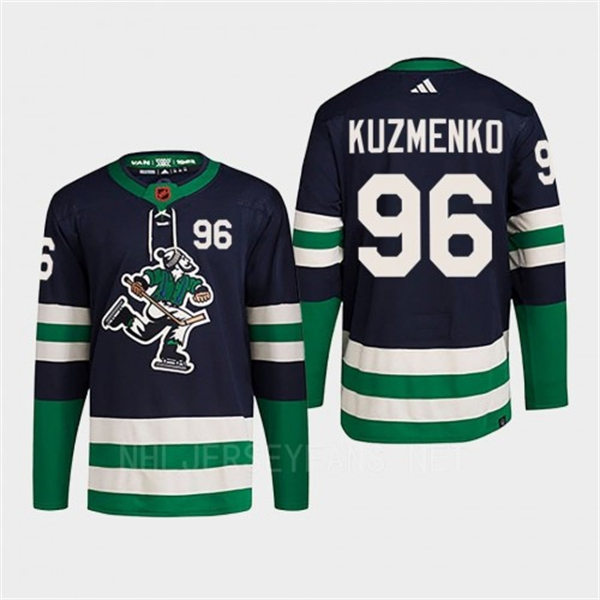  Men's Vancouver Canucks #96 Andrei Kuzmenko Navy 2022 Reverse Retro Primegreen Jersey 