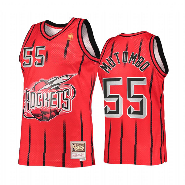  Men Houston Rockets #55 Dikembe Mutombo Red Pinstripe Mitchell & Ness Hardwood Classics Reload 2.0 Jersey 