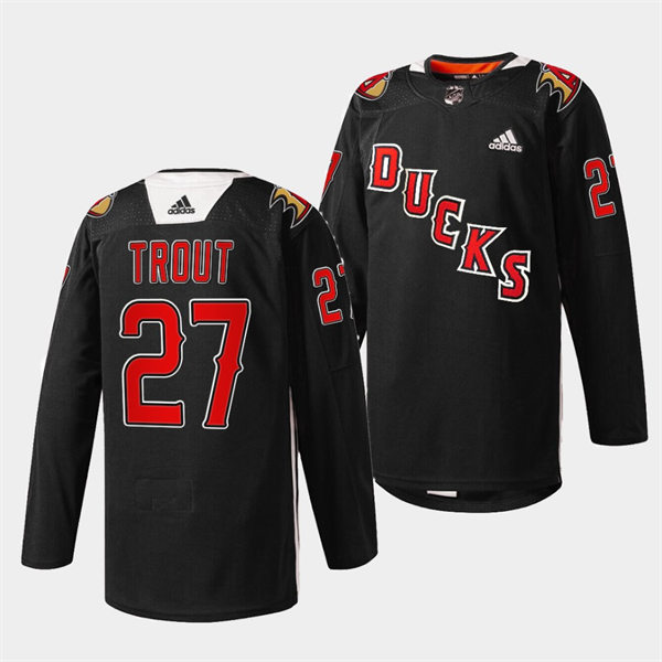  Mens Anaheim Ducks #27 Mike Trout Los Angeles Angels Black Practice 2022 Angels Night Jersey  