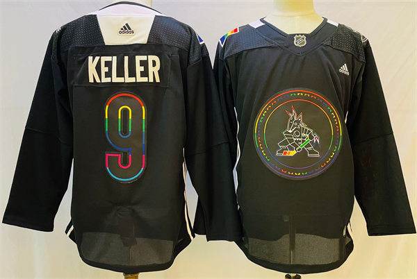  Mens Arizona Coyotes #9 Clayton Keller Black 2022 Pride Night special warmup Jersey 