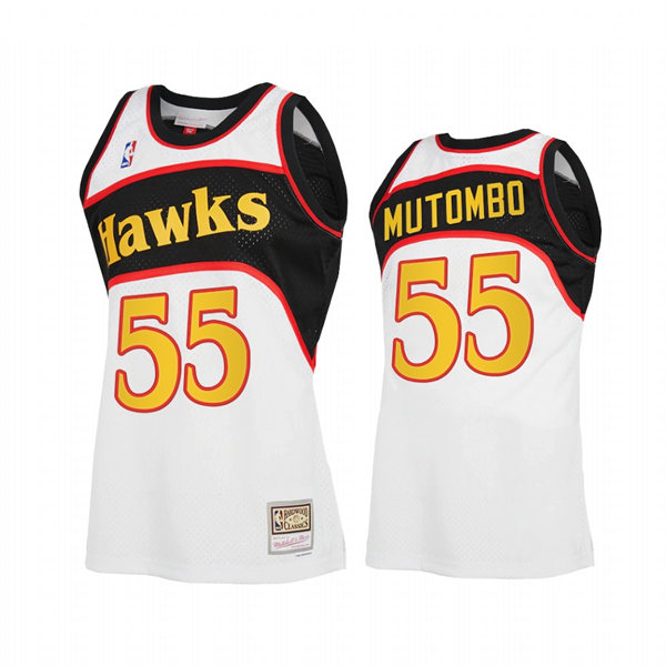  Mens Atlanta Hawks #55 Dikembe Mutombo White Retro 1986-87 Hardwood Classics Jersey 