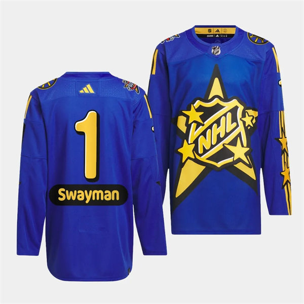  Mens Boston Bruins #1 Jeremy Swayman Blue 2024 NHL All-Star Game drew house Primegreen Jersey 