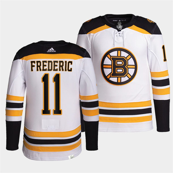  Mens Boston Bruins #11 Trent Frederic adidas Away White Premier Player Jersey 