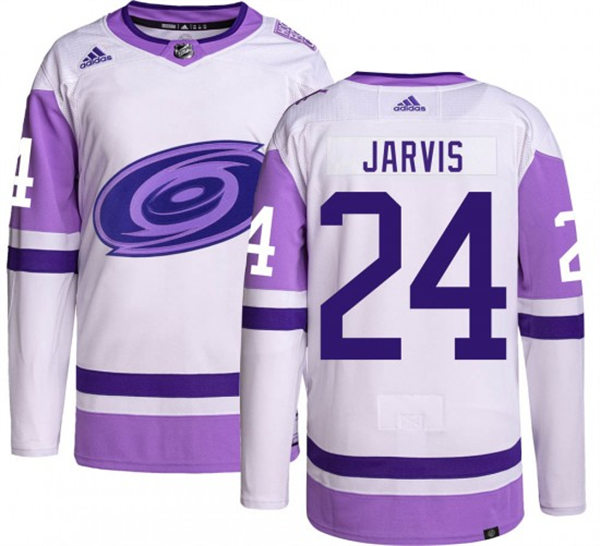  Mens Carolina Hurricanes #24 Seth Jarvis 2021-22 White Purple Hockey Fights Cancer Primegreen Jersey 