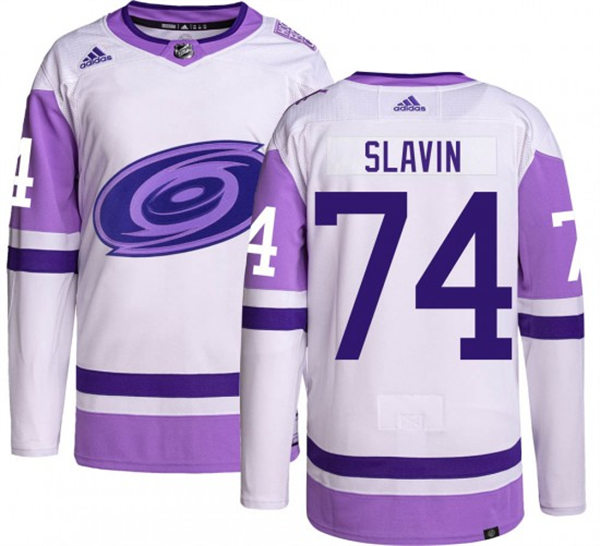  Mens Carolina Hurricanes #74 Jaccob Slavin 2021-22 White Purple Hockey Fights Cancer Primegreen Jersey 