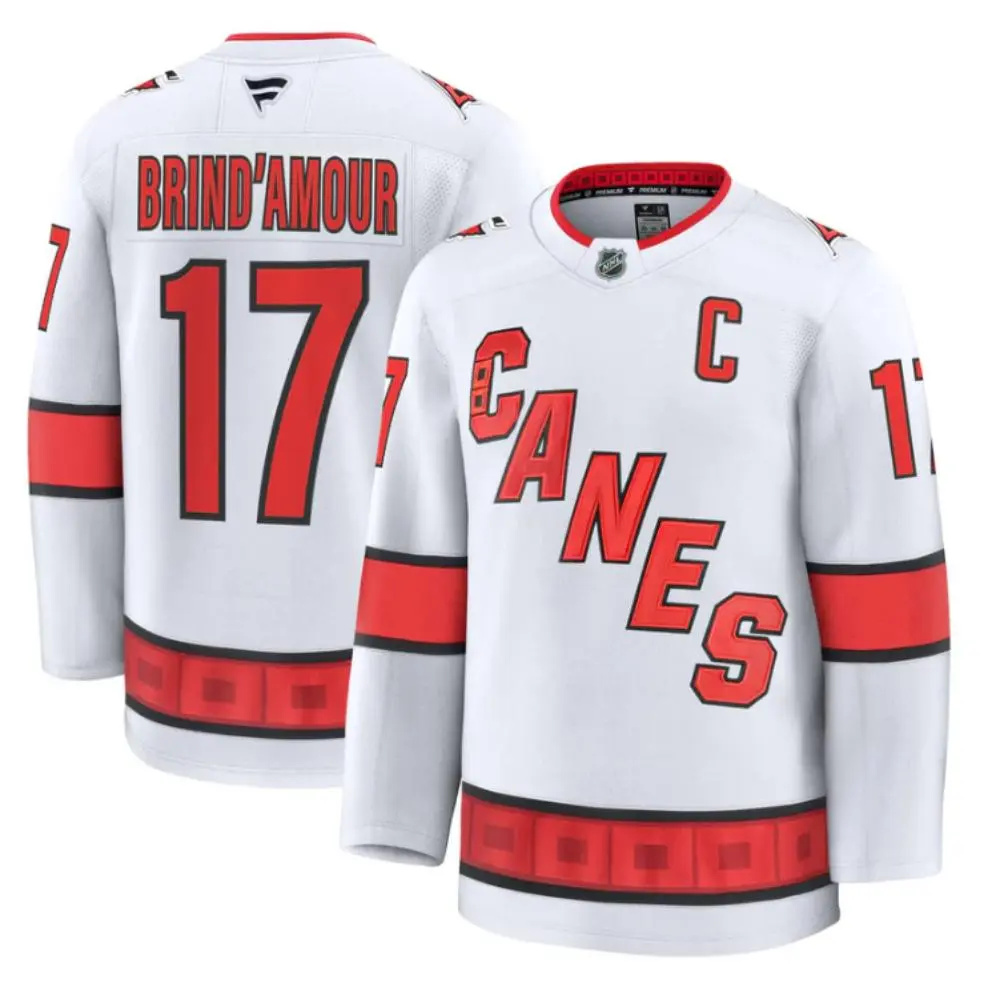  Mens Carolina Hurricanes Retired Player #17 Rod Brind'Amour White Canes Away Premier Player Jersey 