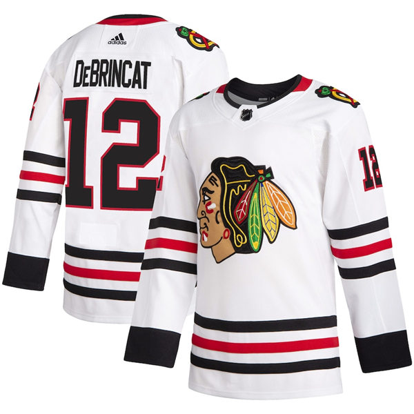  Mens Chicago Blackhawks #12 Alex DeBrincat Adidas Away White Jersey 