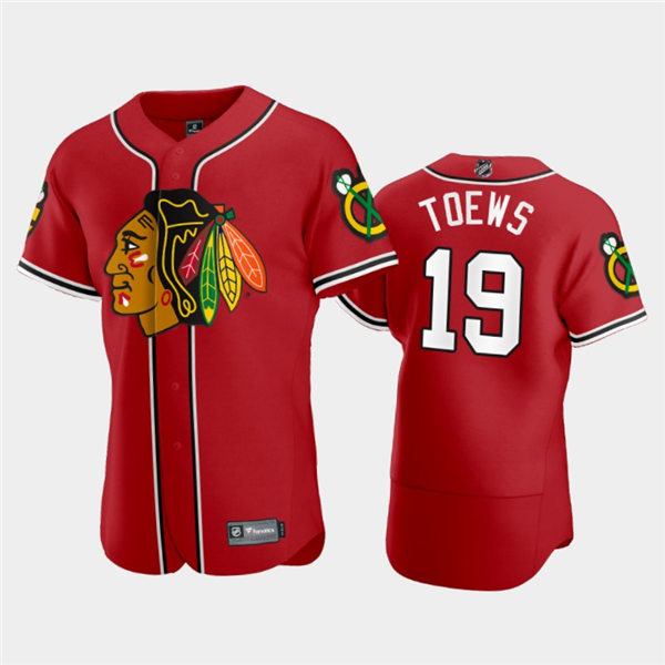  Mens Chicago Blackhawks #19 Jonathan Toews NHL X MLB Crossover Edition Red Baseball Jersey 