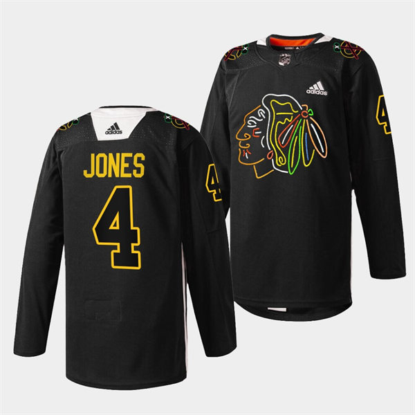  Mens Chicago Blackhawks #4 Seth Jones Black Warm-Up 2021-22 Foundation Night Jersey 