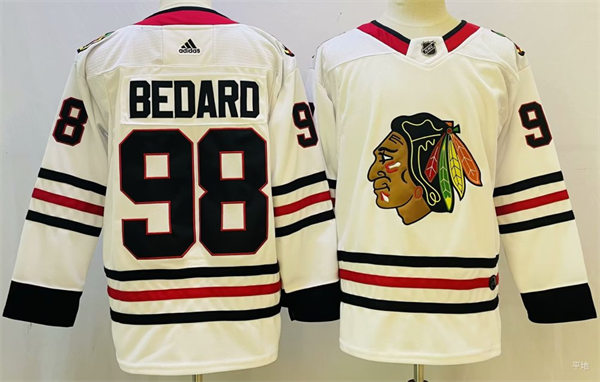  Mens Chicago Blackhawks #98 Connor Bedard Adidas Away White Stitched Jersey 