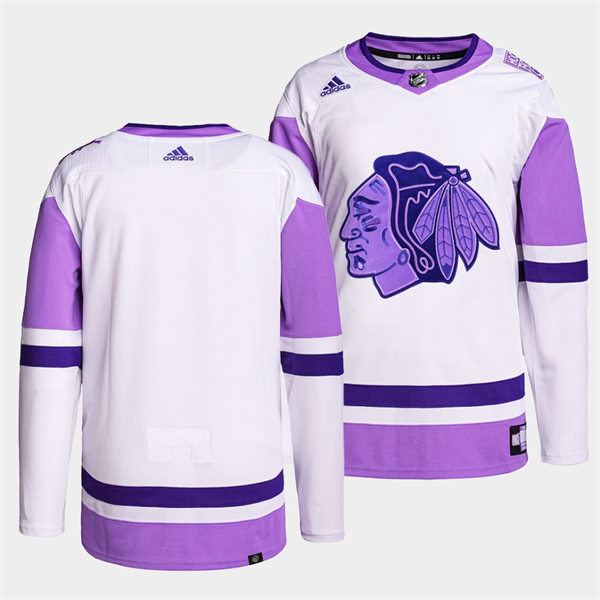  Mens Chicago Blackhawks Blank 2021-22 White Purple Hockey Fights Cancer Primegreen Jersey 