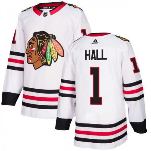  Mens Chicago Blackhawks Retired Player #1 Glenn Hall Adidas Away White Jersey 