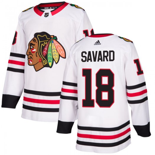  Mens Chicago Blackhawks Retired Player #18 Denis Savard Adidas Away White Jersey 