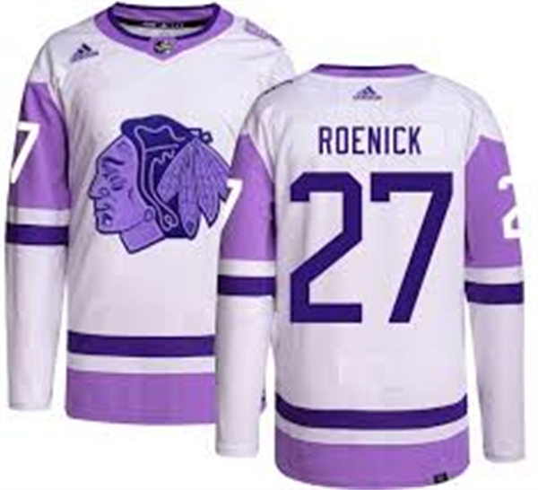  Mens Chicago Blackhawks Retired Player #27 Jeremy Roenick 2021-22 White Purple Hockey Fights Cancer Primegreen Jersey 