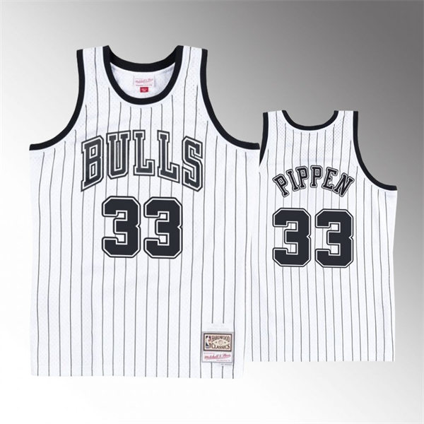  Mens Chicago Bulls #33 Scottie Pippen 2021 White Black Pinstripe Reload 2.0 Hardwood Classics Jersey 