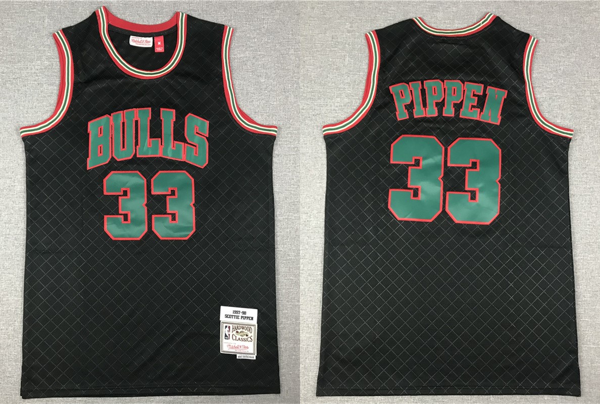  Mens Chicago Bulls #33 Scottie Pippen Mitchell & Ness Neapolitan Black Hardwood Classic Jersey 