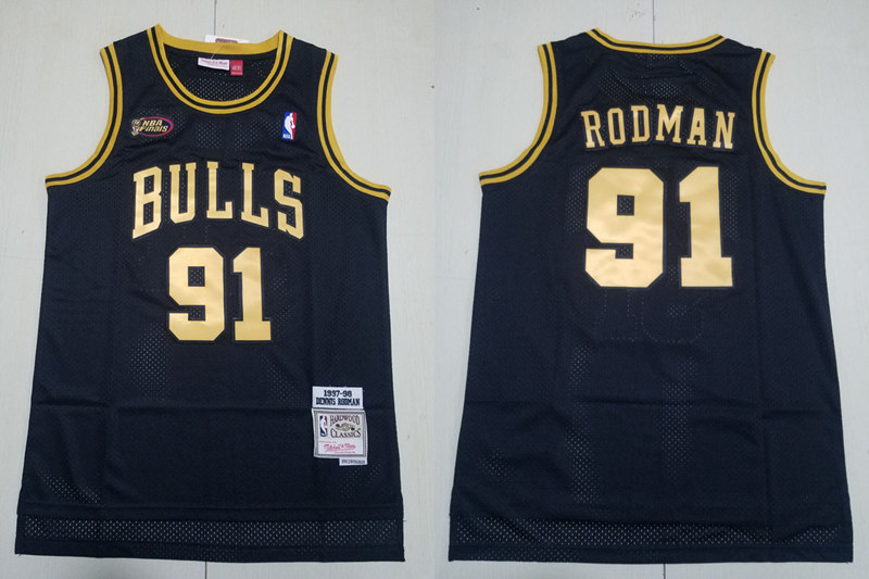  Mens Chicago Bulls #91 Dennis Rodman Mitchell & Ness 1997-98 Black Golden Hardwood Classics Jersey 