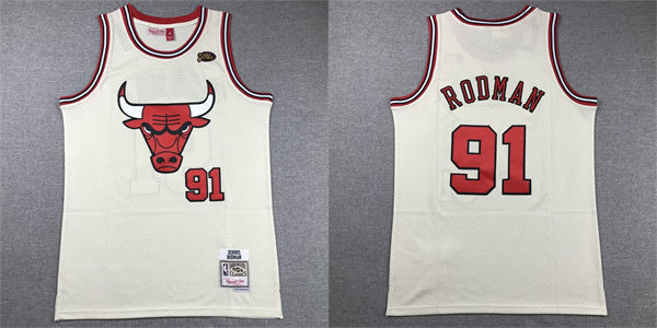  Mens Chicago Bulls #91 Dennis Rodman Mitchell & Ness Chainstitch Swingman Jersey - Cream 