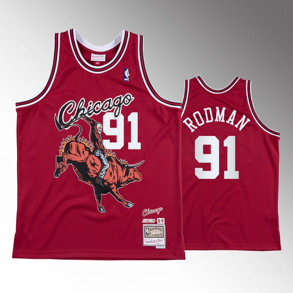  Mens Chicago Bulls #91 Dennis Rodman Red Hardwood Classics BR Juice Wrld Jersey 
