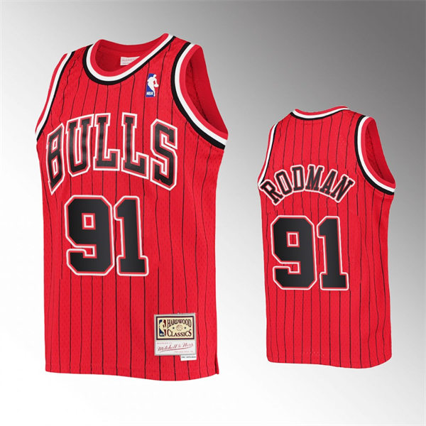  Mens Chicago Bulls #91 Dennis Rodman Red Pinstripe Mitchell & Ness Hardwood Classics Reload Jersey 