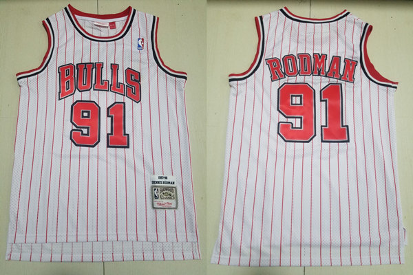  Mens Chicago Bulls #91 Dennis Rodman White Pinstripe Mitchell & Ness Hardwood Classics Reload Jersey 