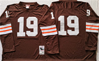  Mens Cleveland Browns #19 Bernie Kosar Mitchell&Ness Brown Long-Sleeved Throwback Jersey 