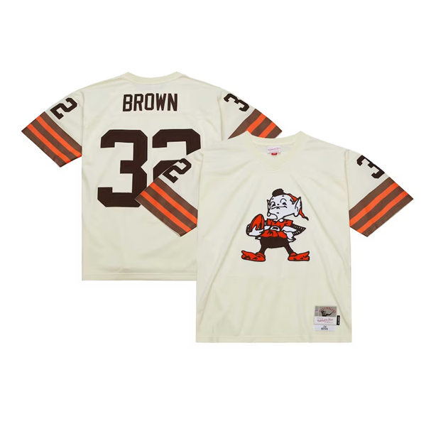  Mens Cleveland Browns #32 Jim Brown Mitchell & Ness Chainstitch Legacy Jersey - Cream 