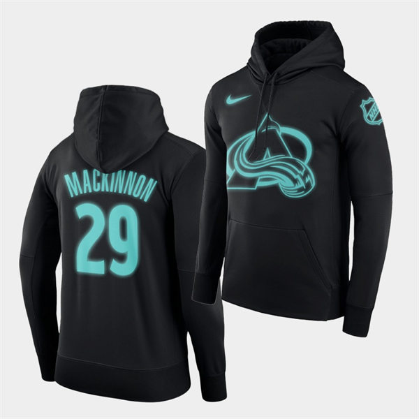  Mens Colorado Avalanche #29 Nathan MacKinnon Black Luminous Pullover Hoodie 