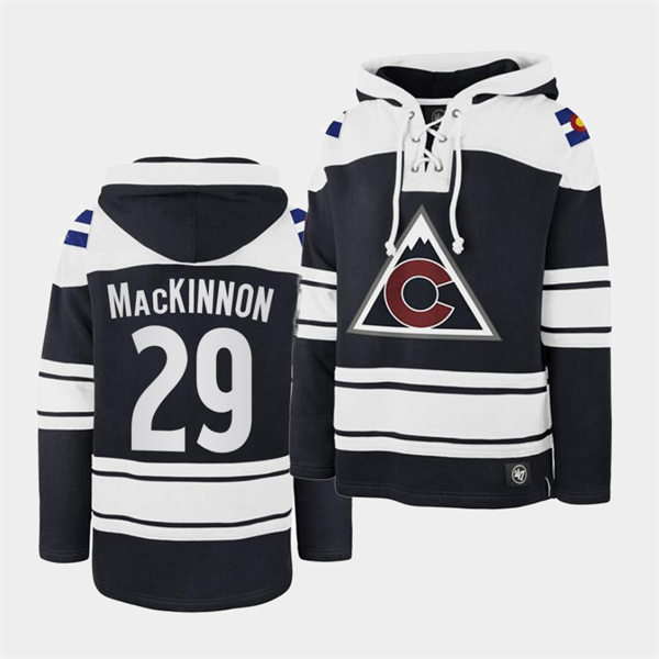 Mens Colorado Avalanche #29 Nathan MacKinnon Navy Superior Lacer Vintage Hoodie 