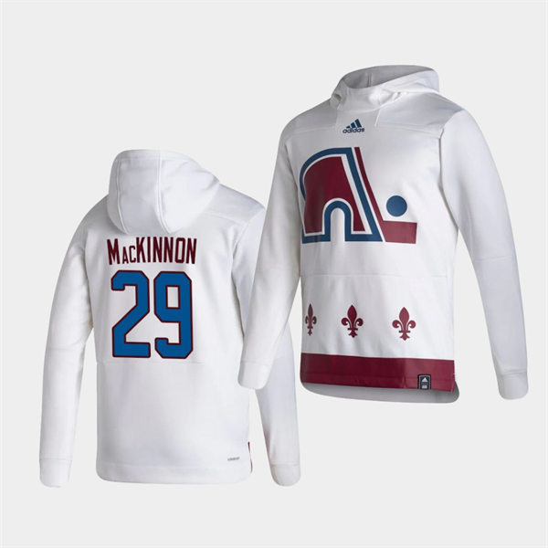  Mens Colorado Avalanche #29 Nathan MacKinnon White 2021 Reverse Retro Pullover Special Edition Hoodie 