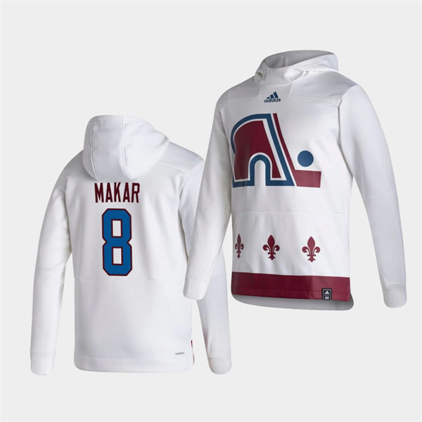  Mens Colorado Avalanche #8 Cale Makar White 2021 Reverse Retro Pullover Special Edition Hoodie 