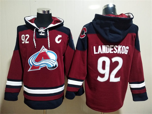  Mens Colorado Avalanche #92 Gabriel Landeskog Burgundy Home Primegreen Player Hoodie 