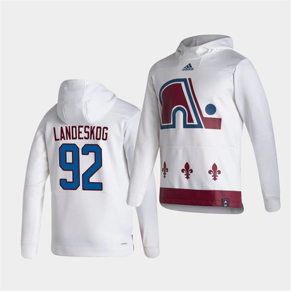  Mens Colorado Avalanche #92 Gabriel Landeskog White 2021 Reverse Retro Pullover Special Edition Hoodie 