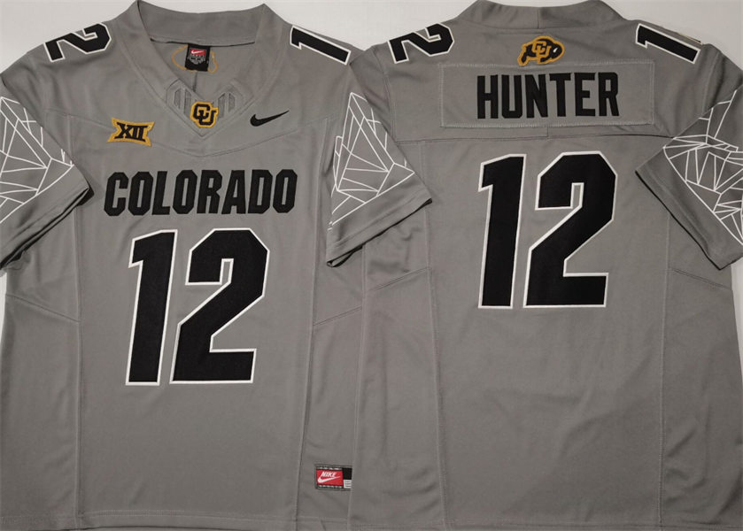 Mens Colorado Buffaloes #12 Travis Hunter Gray Black Football Replica Jersey 