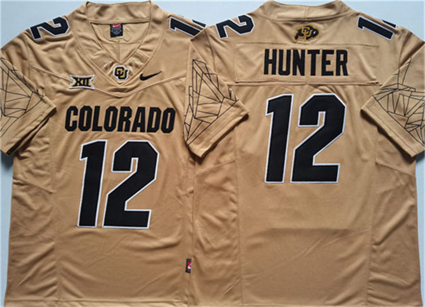  Mens Colorado Buffaloes #12 Travis Hunter Yellow Black Football Replica Jersey 