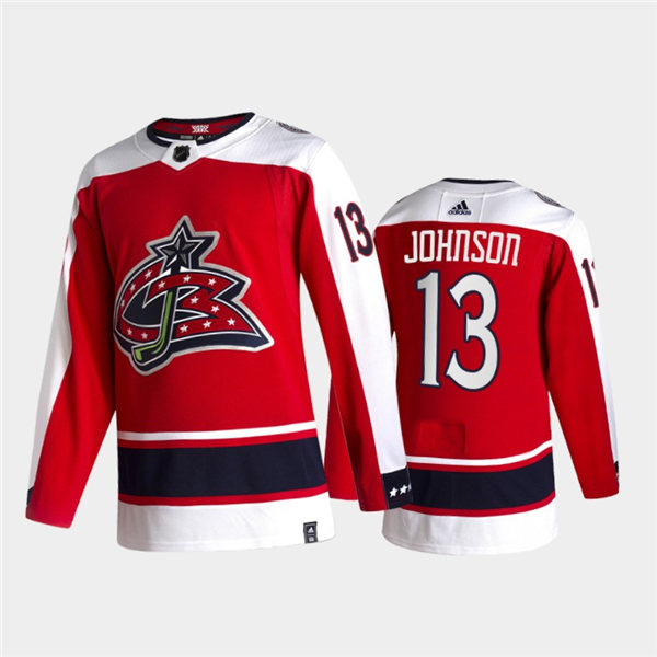  Mens Columbus Blue Jackets #13 Kent Johnson Adidas Red 2021 NHL Season Reverse Retro Jersey 