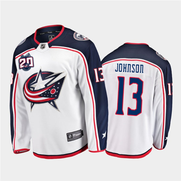  Mens Columbus Blue Jackets #13 Kent Johnson adidas Away White Stitched NHL Jersey 