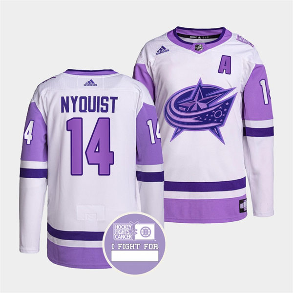  Mens Columbus Blue Jackets #14 Gustav Nyquist 2021-22 White Purple Hockey Fights Cancer Primegreen Jersey 