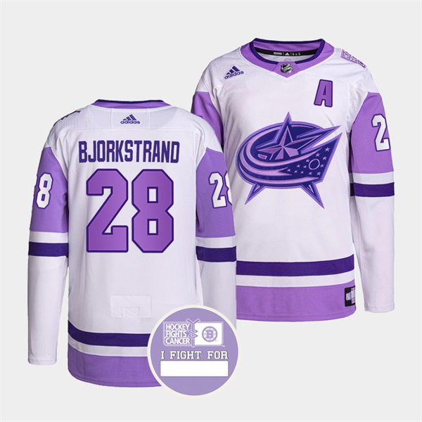  Mens Columbus Blue Jackets #28 Oliver Bjorkstrand 2021-22 White Purple Hockey Fights Cancer Primegreen Jersey 
