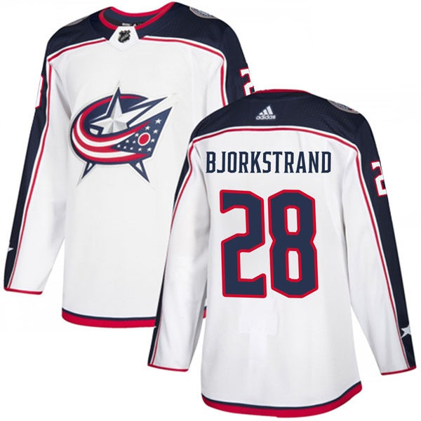  Mens Columbus Blue Jackets #28 Oliver Bjorkstrand adidas White Away Jersey 
