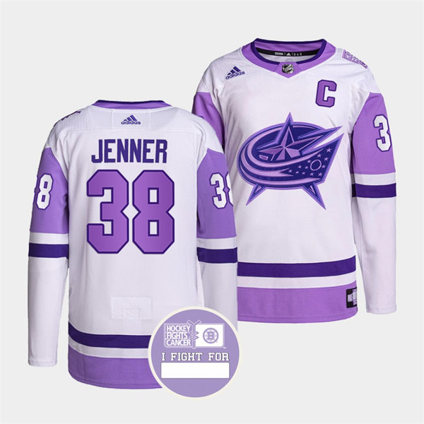  Mens Columbus Blue Jackets #38 Boone Jenner 2021-22 White Purple Hockey Fights Cancer Primegreen Jersey 