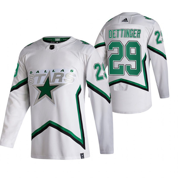  Mens Dallas Stars #29 Jake Oettinger adidas White 2021 Reverse Retro Jersey 