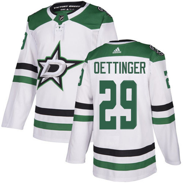  Mens Dallas Stars #29 Jake Oettinger adidas White Away Jersey 