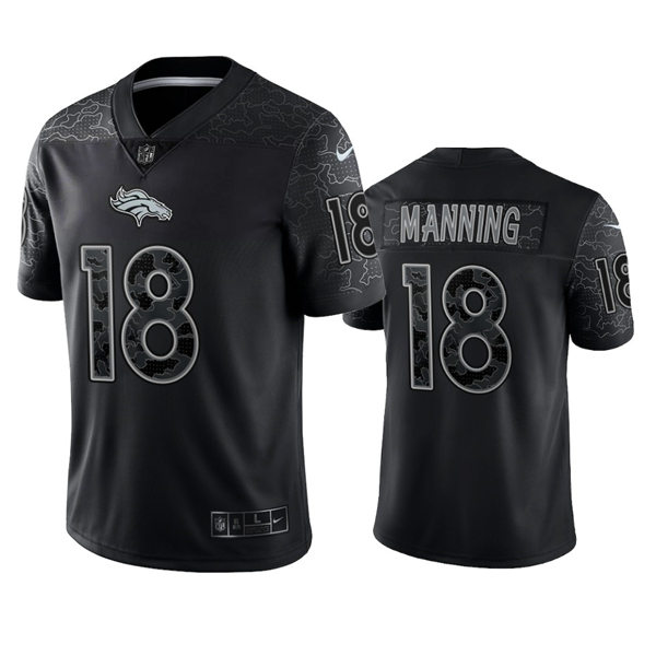  Mens Denver Broncos Retired Player #18 Peyton Manning Black Reflective Limited Jersey 