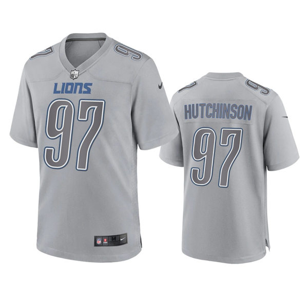  Mens Detroit Lions #97 Aidan Hutchinson Gray Atmosphere Fashion Game Jersey 