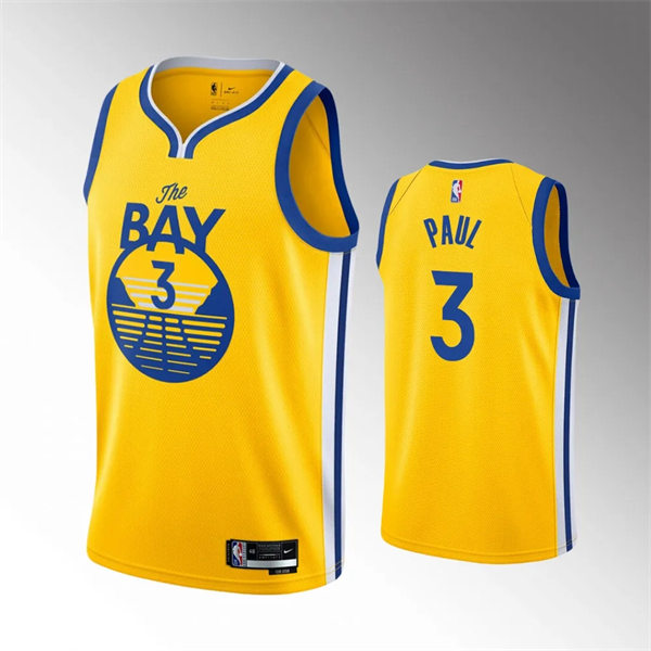  Mens Golden State Warriors #3 Chris Paul Gold Statement Edition Finished Swingman Jersey 